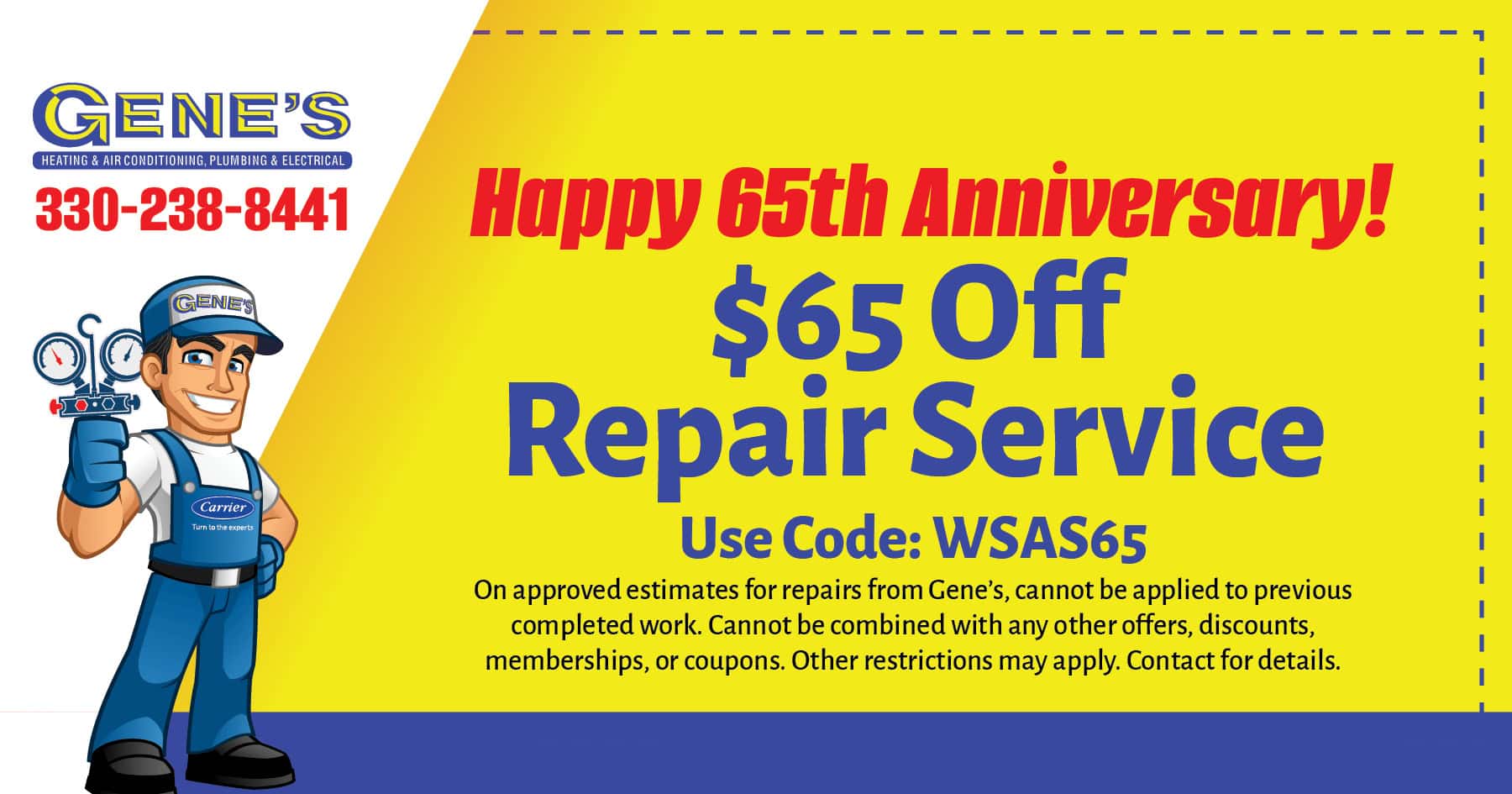 Happy 65th Anniversary!  off repair service.
