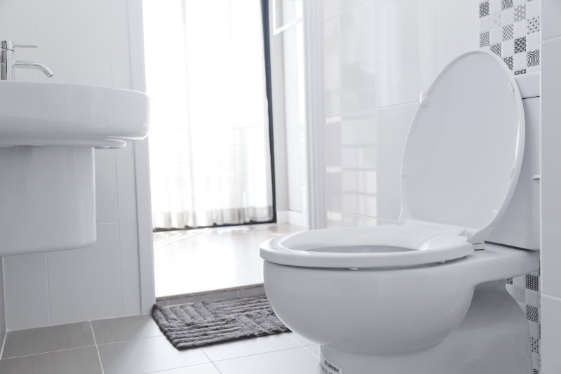 5 Benefits of a Plumbing Maintenance Plan. Photo of a white bathroom and a closeup of a white toilet.